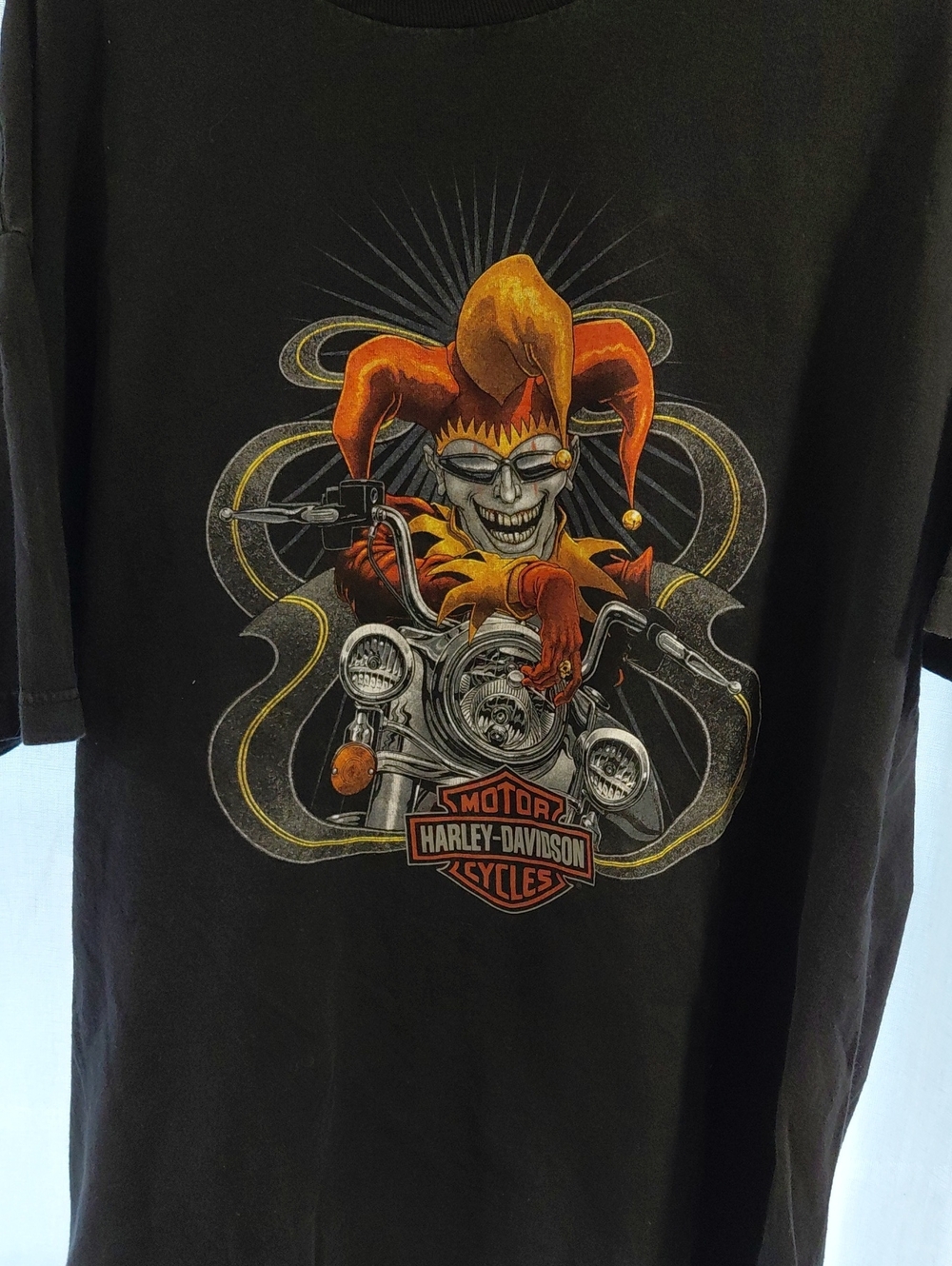 Harley-Davidson Black T-Shirt with Orange & Yellow Jester Motorcycle Graphic